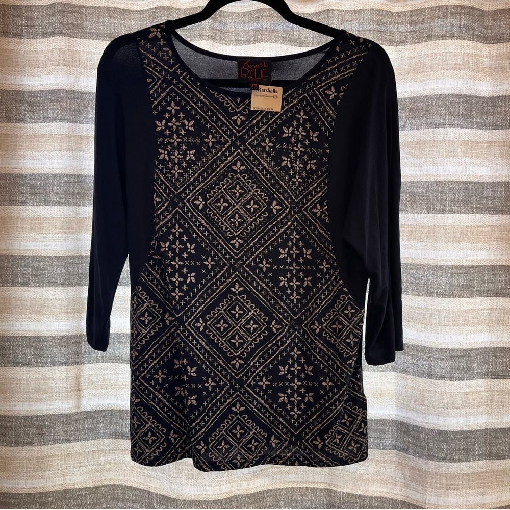 French Blue Navy Rhinestone Tunic‎ Top Size Medium Petite
